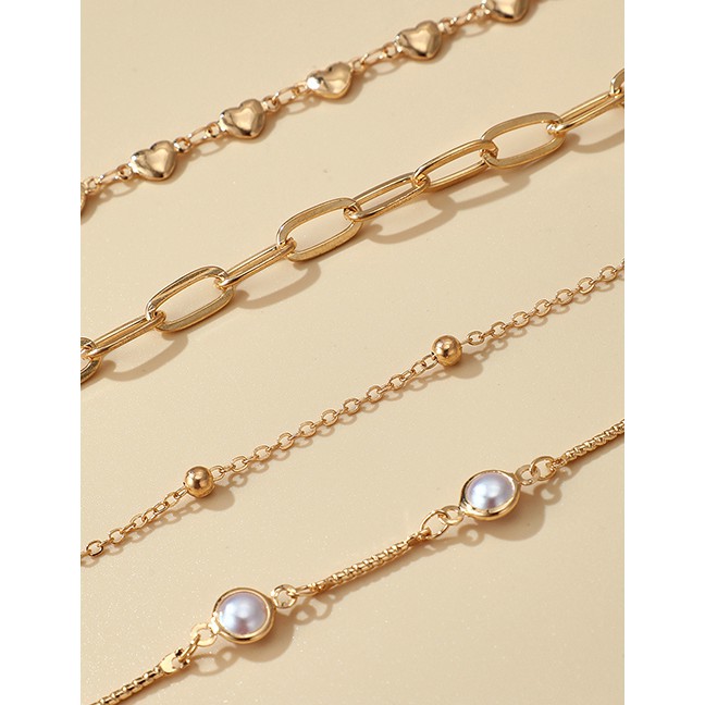 LRC Gelang Kaki Fashion Golden Thick Chain Pearl Love Round Bead Multilayer Anklet P06603