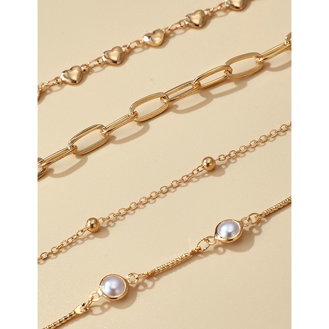 LRC Gelang Kaki Fashion Golden Thick Chain Pearl Love Round Bead Multilayer Anklet P06603