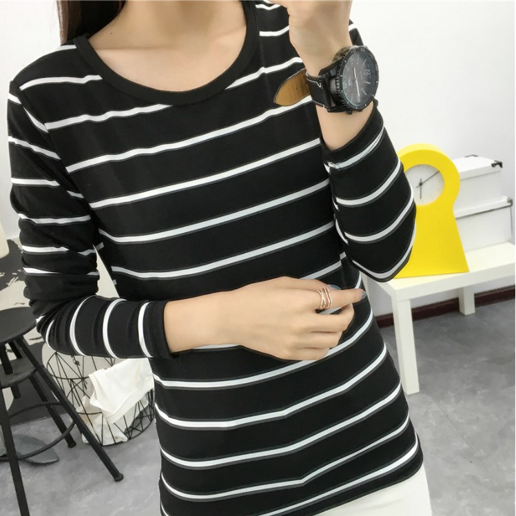 Kaos Wanita Lengan Panjang Kaos Bergaris T-shirt Casual Leher Bulat Kaos Fashion Korean Style