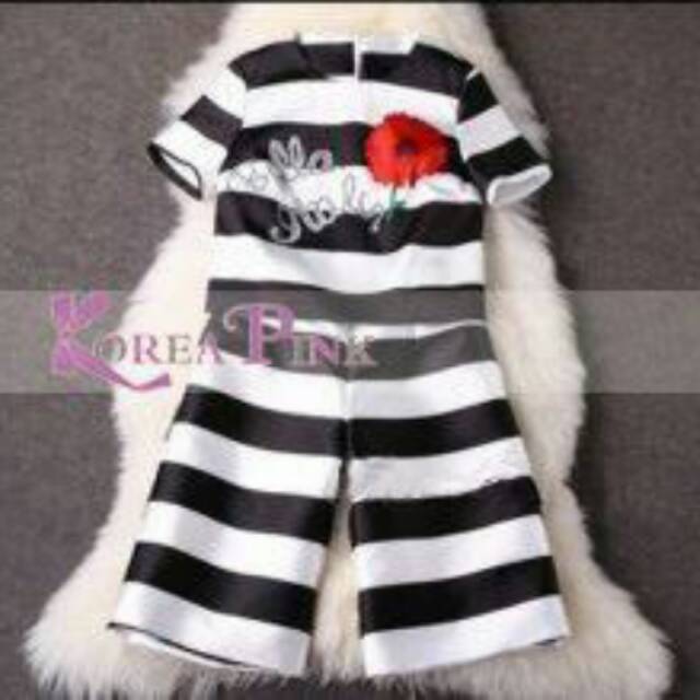 KP 313 - setelan anak korea pink model crop top stripe black white