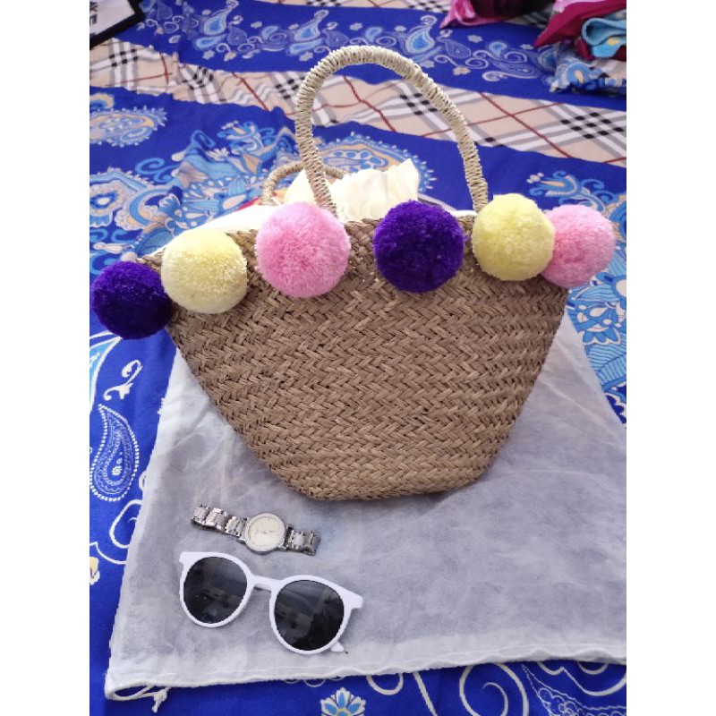 tas mendong bali/ tas pompom bali/tas bali medium/tas rotan bali