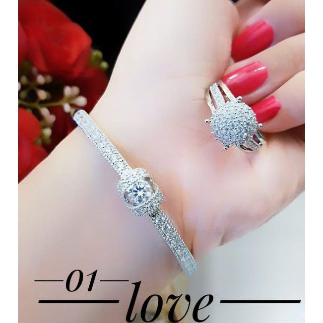(JAN) Set Perhiasan Lapis Emas Cincin Gelang Permata Berlian Xuping Silver Titanium Mewah Modis