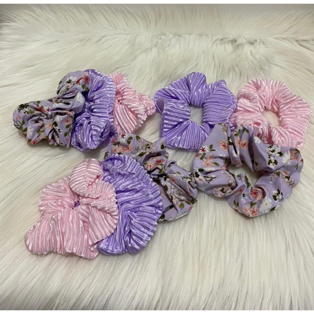 Ikat Rambut Scrunchies JX 1600 Ikat Rambut Korea - Ikat Rambut Terbaru - 3in1 - Pink, Lilac, Flower