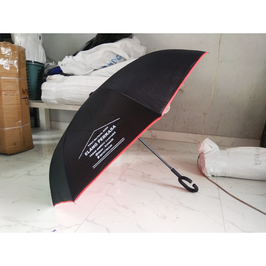 [ payung custom grosir ] Payung Kazbrella Terbalik Reverse Umbrella Gagang C Sarung Premium sablon 1 warna - promosi souvenir