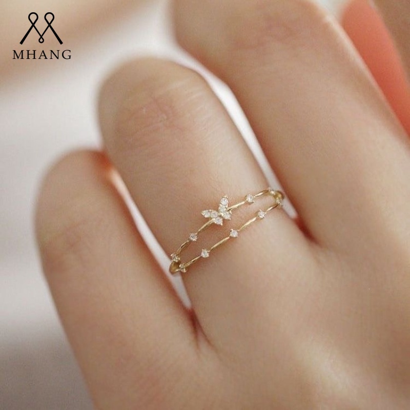 Cincin korea Model Terbuka Desain Kupu-Kupu Multilayer Aksen Berlian Bahan Zirkon Gaya Vintage Untuk Wanita