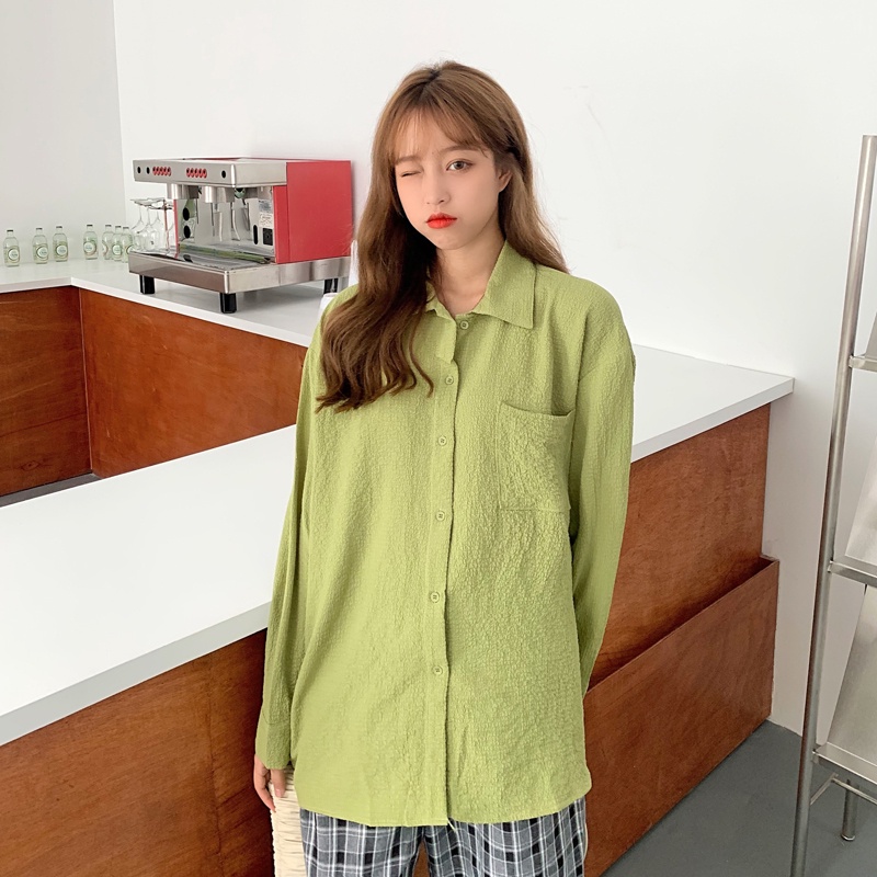 Kemeja Lengan Panjang Oversize Wanita Crinkle Shirt Korean Style Blouse Import Atasan