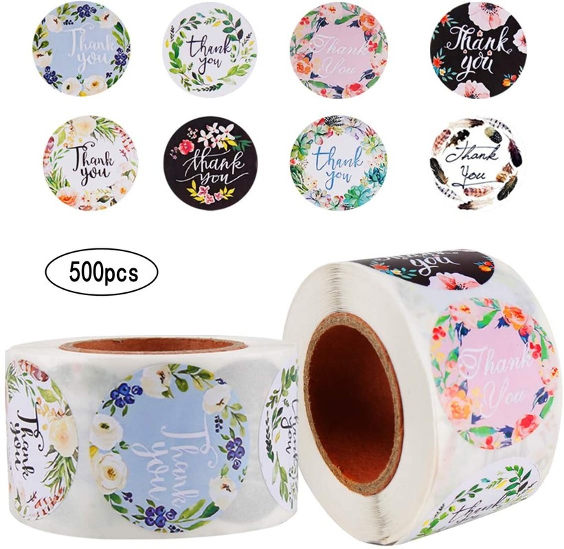 500pcs/Roll  Floral Thank You Stickers/ 8 Types of Floral Packaging Seal Round Labels/ New Year Christmas Birthday Party Gift Sealing Label/ Envelope Thank You Stationery Stickers