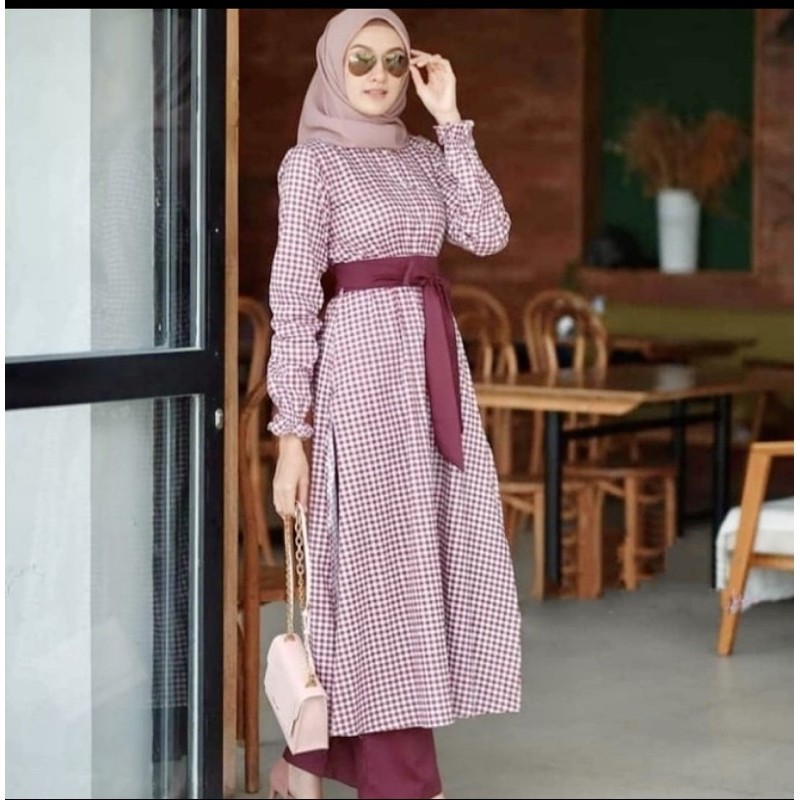 Baju Gamis Remaja Motif Kotak Terbaru 2021 Setelan Celana Square Modern Kekinian Fashion Modern