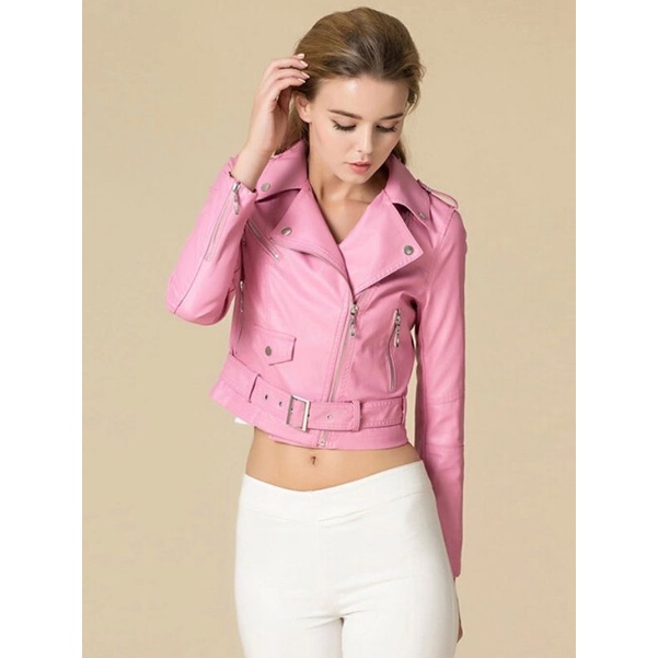 Limited Jaket Kulit PU wanita pink korea
