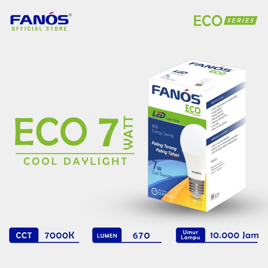 Fanos Lampu Led Eco 7 Watt - Bohlam Bergaransi 7W 7Watt 7 W Putih Cool Daylight