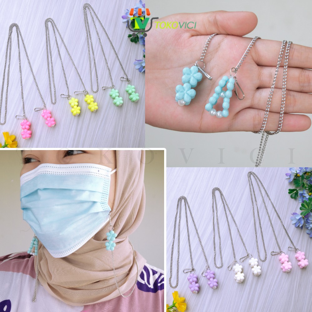 Kalung Strap Masker Bunga Ikat Mutiara Kecil Rantai Silver KLTV58