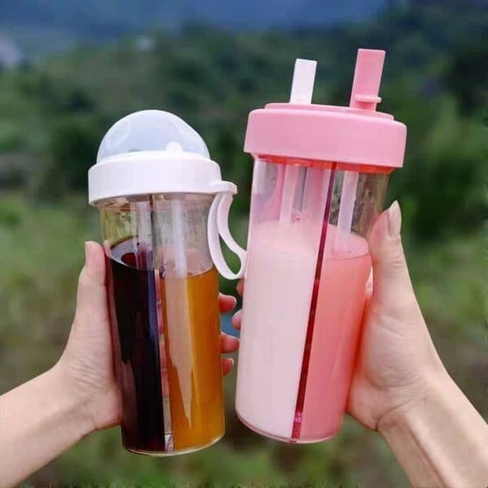 MURAH botol minum 2 sisi botol minum 2 lubang tempat minum dua sedotan wadah
