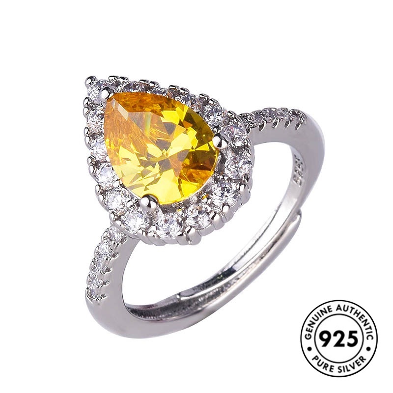 Cincin S925 Silver Bentuk Water Drop Pir Aksen Berlian Warna Kuning