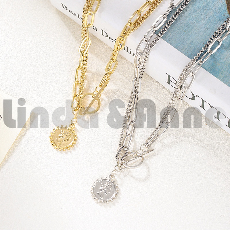 Kalung Rantai Logam Ganda Wanita Dengan Liontin Koin Kepala Cantik/ Aksesoris Fashion
