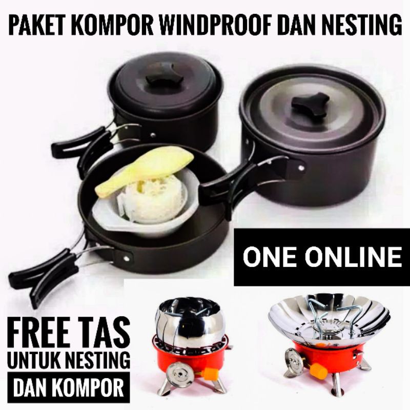 Paket Hemat Cooking Set isi 3 wajan &amp; Kompor windproof Camping/Outdoor