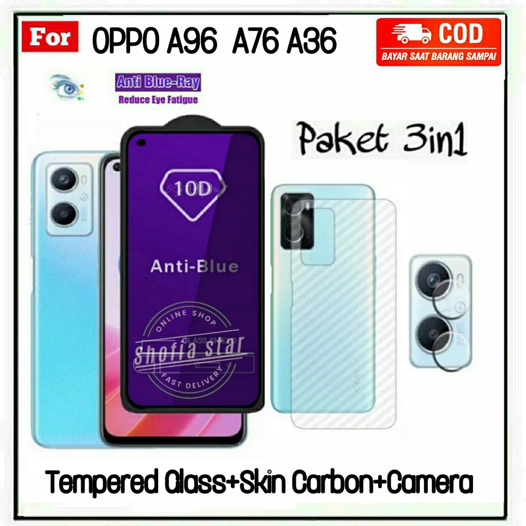 3IN1 TEMPERED GLASS BLUE LIGHT OPPO A96 A76 A36 TG LAYAR ANTIGORES KACA FULL COVER