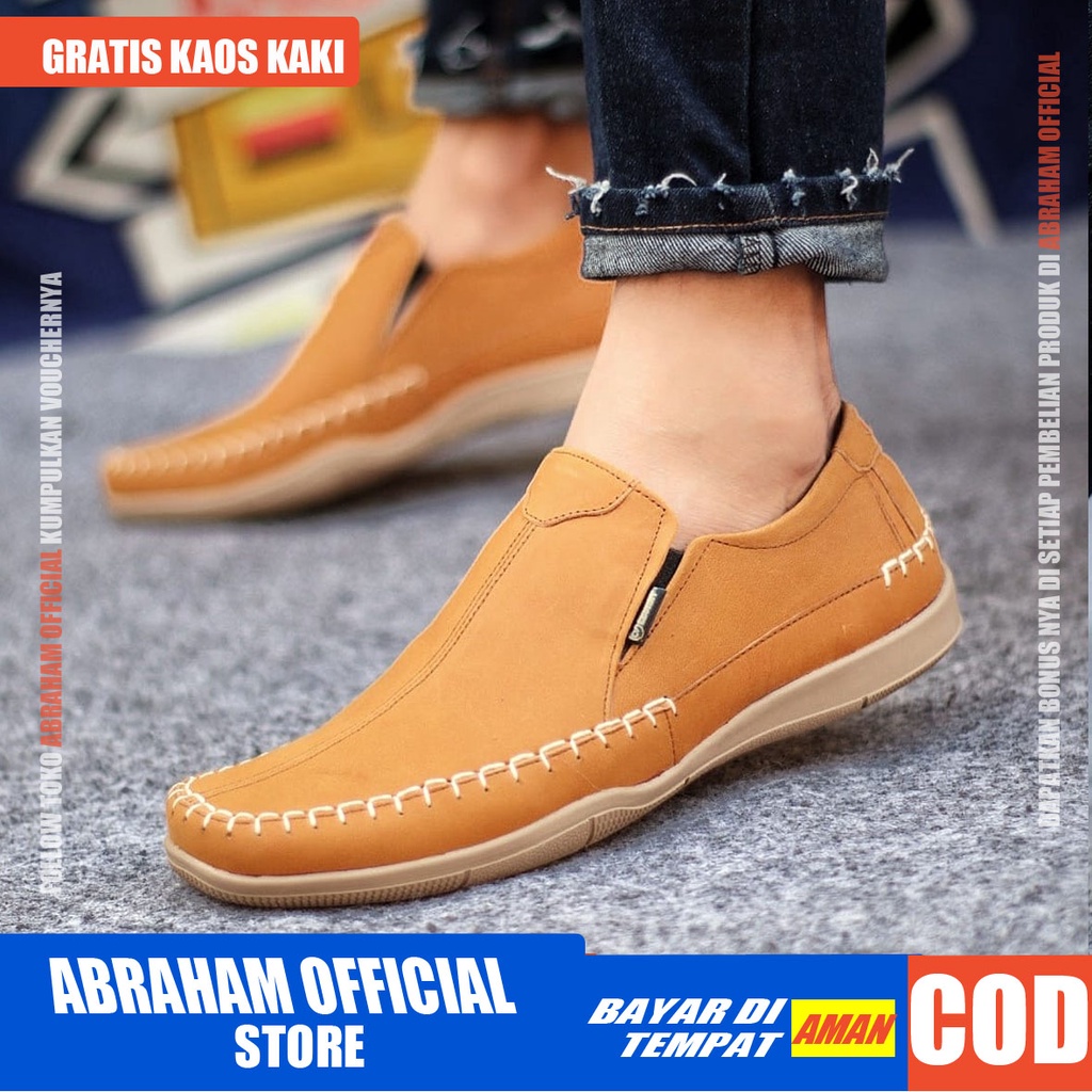 ABRHM X DIVOC Sepatu Slip On Pria Sepatu Casual Kerja Pria Sepatu Pria Cowok/Cowo Kulit Asli Sepatu Kasual Slop Anti Slip Semi Formal Kerja Kuliah Gaya Santai Keren Kekinian Original Murah Terlaris