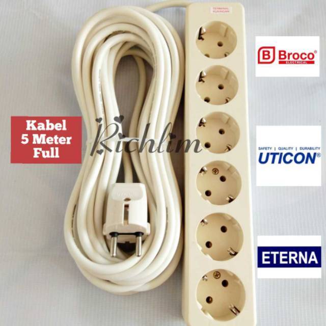 Stopkontak Uticon 6 Lubang Terminal Kuningan + Steker Arder Uticon + Kabel 2x0,75 Serabut 5 Meter