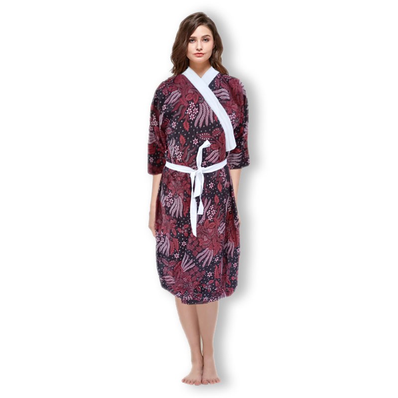 Kimono Baju Santai di Rumah Baju Tidur Spa Motif Manggar Merah Kombinasi Putih