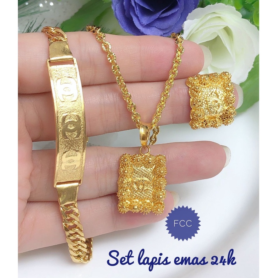 (JUN) TERMURAH Set Perhiasan Xuping Lapis Emas 24 Karat Gelang Kalung Liontin Cincin Chanel Kotak Pe
