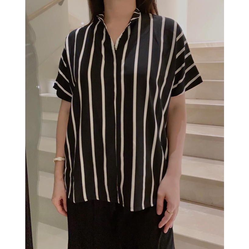 (COD) OH Fashion Hedy Blouse Salur Vneck Oversized Wanita #2597