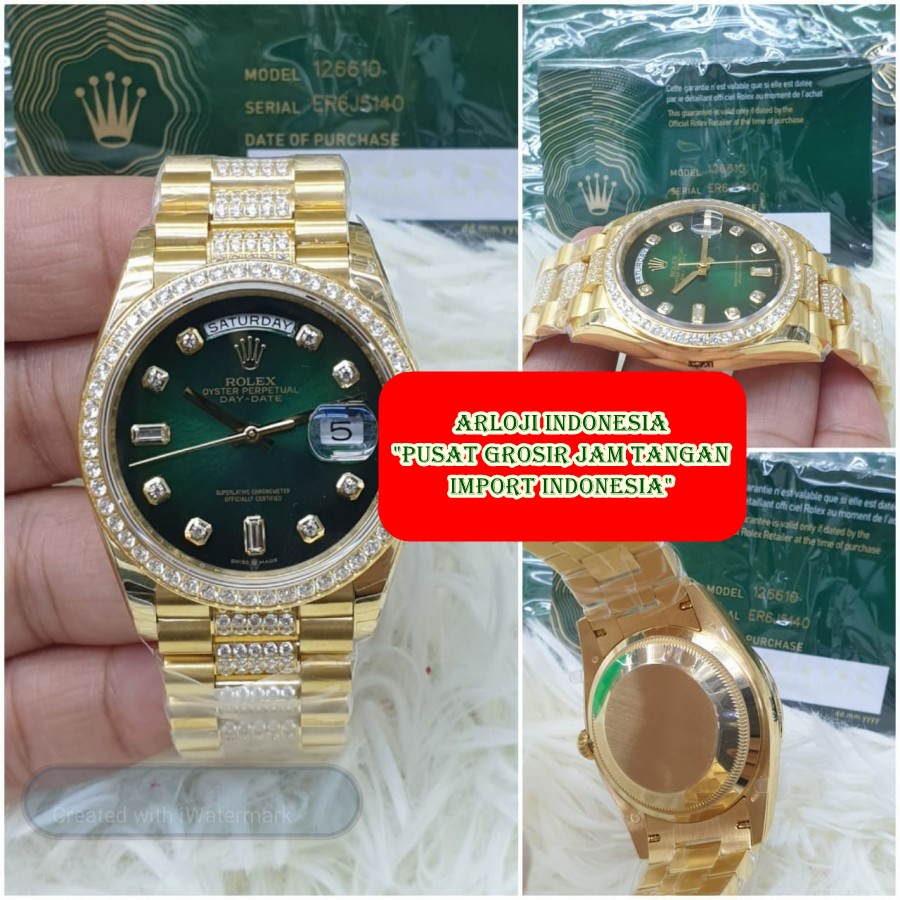 Promo Jam Tangan Wanita ROLEX DayDate 36mm Diamond Gold Green SWISS ETA 1:1 Garansi 1th