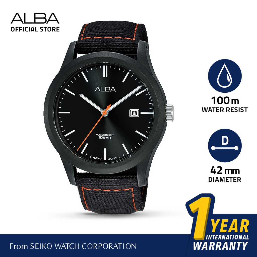 Alba Active Jam Tangan Pria AS9K21 / AS9K21X1 Quartz Dark Black Dial Nylon Strap Watch