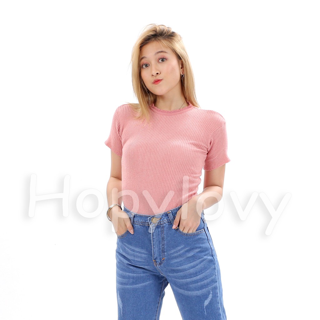 HOPYLOVY - Atasan Rajut Wanita Tshirt Kaos Rajut Kriwil Premium