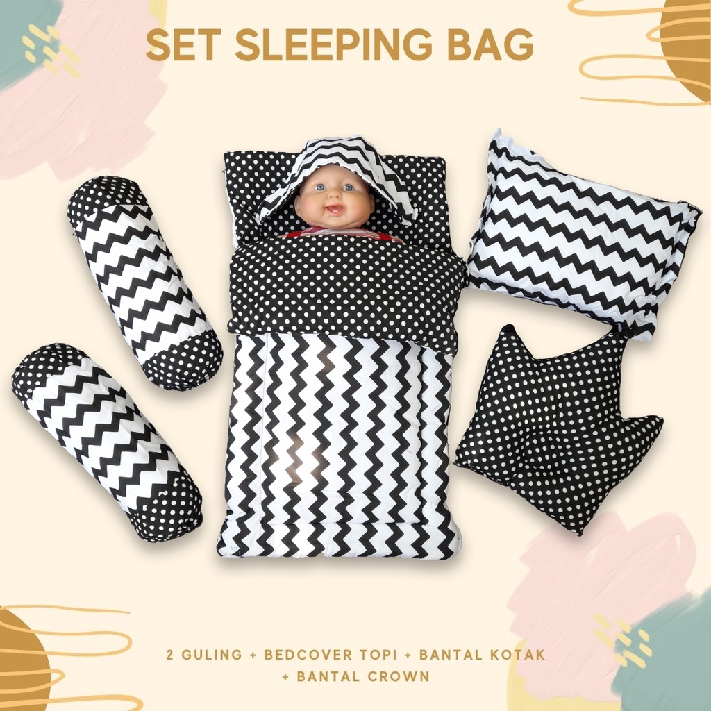 CHEVRON BLACK SET SLEEPING BAG LENGKAP MULTIFUNGSI - Selimut Bayi bc akachan guling bedset