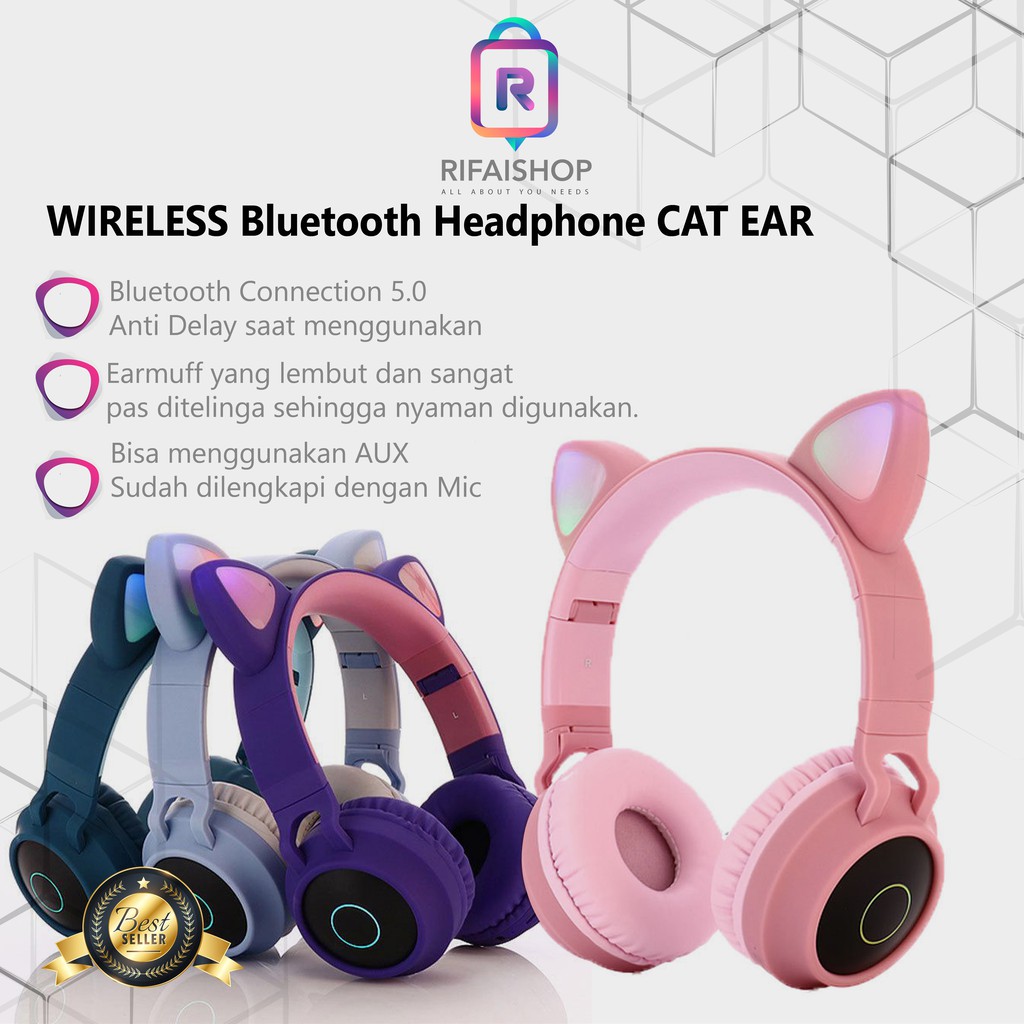 Headphone Bluetooth CAT EAR WIRELESS With LED + Mic 5.0 Extra Bass Kucing