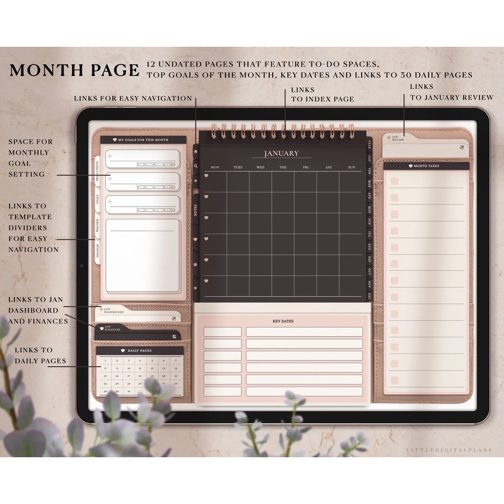 Digital Journal &amp; Planner - Undated Folio Life Planner for Goodnotes, Notability, Xodo, (Full Page &amp; Tabs Hyperlinked)