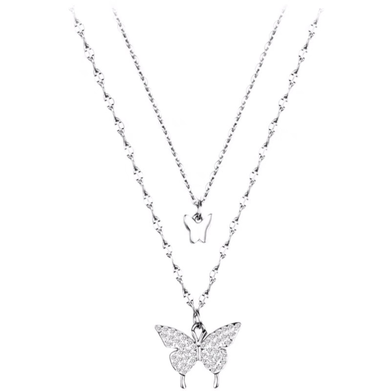 Kalung Double Layer Dengan Liontin Butterfly Aksen Berlian Untuk Wanita