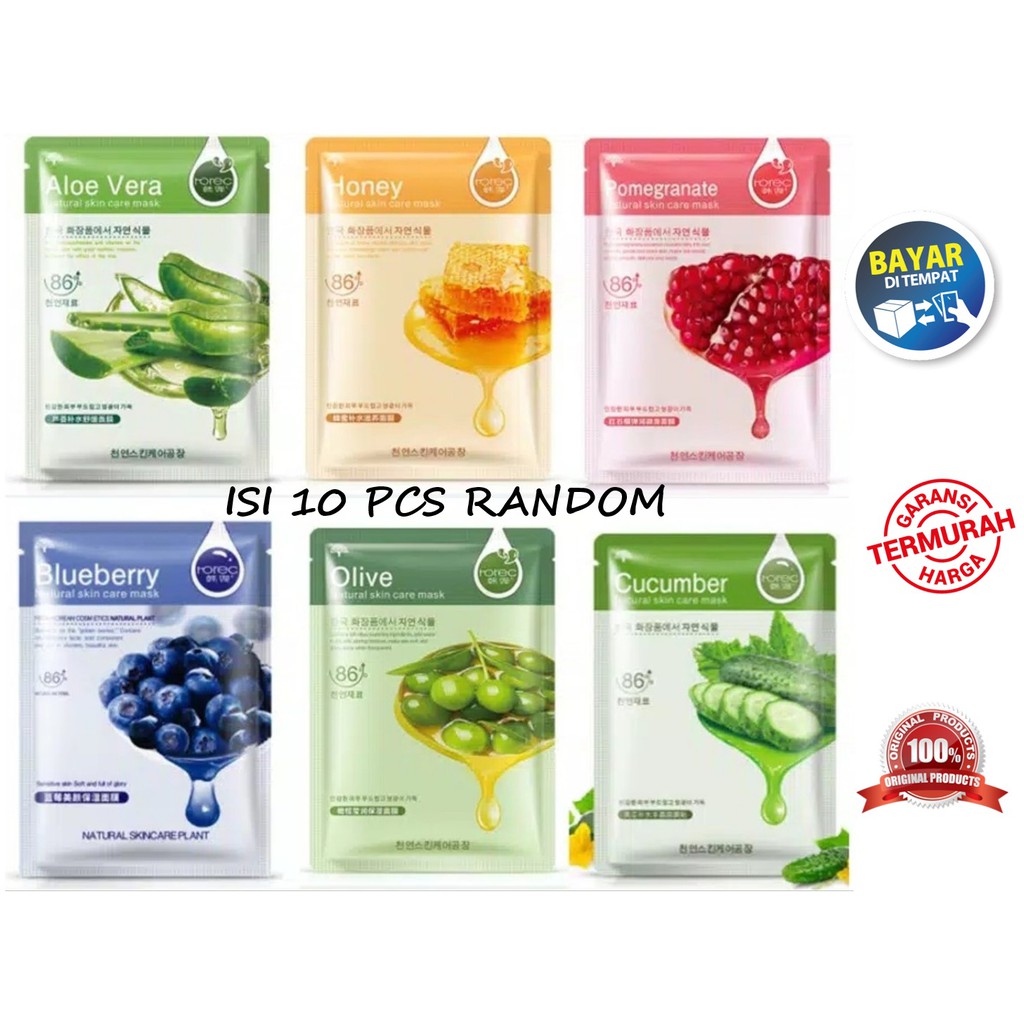 10 Pcs RANDOM Masker Wajah HCHANA Sheet Mask / Masker Muka HCHANA ROREC Facial Sheet Mask Masker Wajah Organik Pemutih dan Glowing / Masker Organik Anti Komedo dan Jerawat / Masker Wajah Korea Murah Pria Wanita