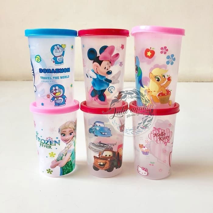 Gelas Minum Plastik / Gelas Minum Motif Kartun + tutup 300mL
