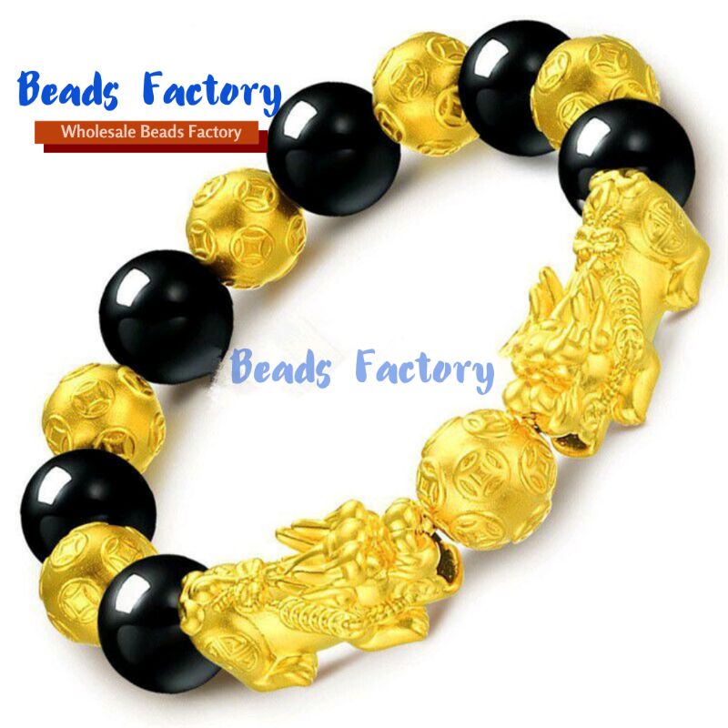 Gelang Pria Gold plated Luck Pixiu 手链 Obsidian Beads Bracelet 12mm