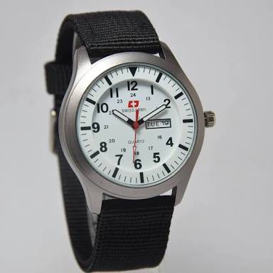 BEST SELLER JAM TANGAN PRIA SWIS* ARM* KANVAS TANGGAL HARI BLACK COVER WHITE