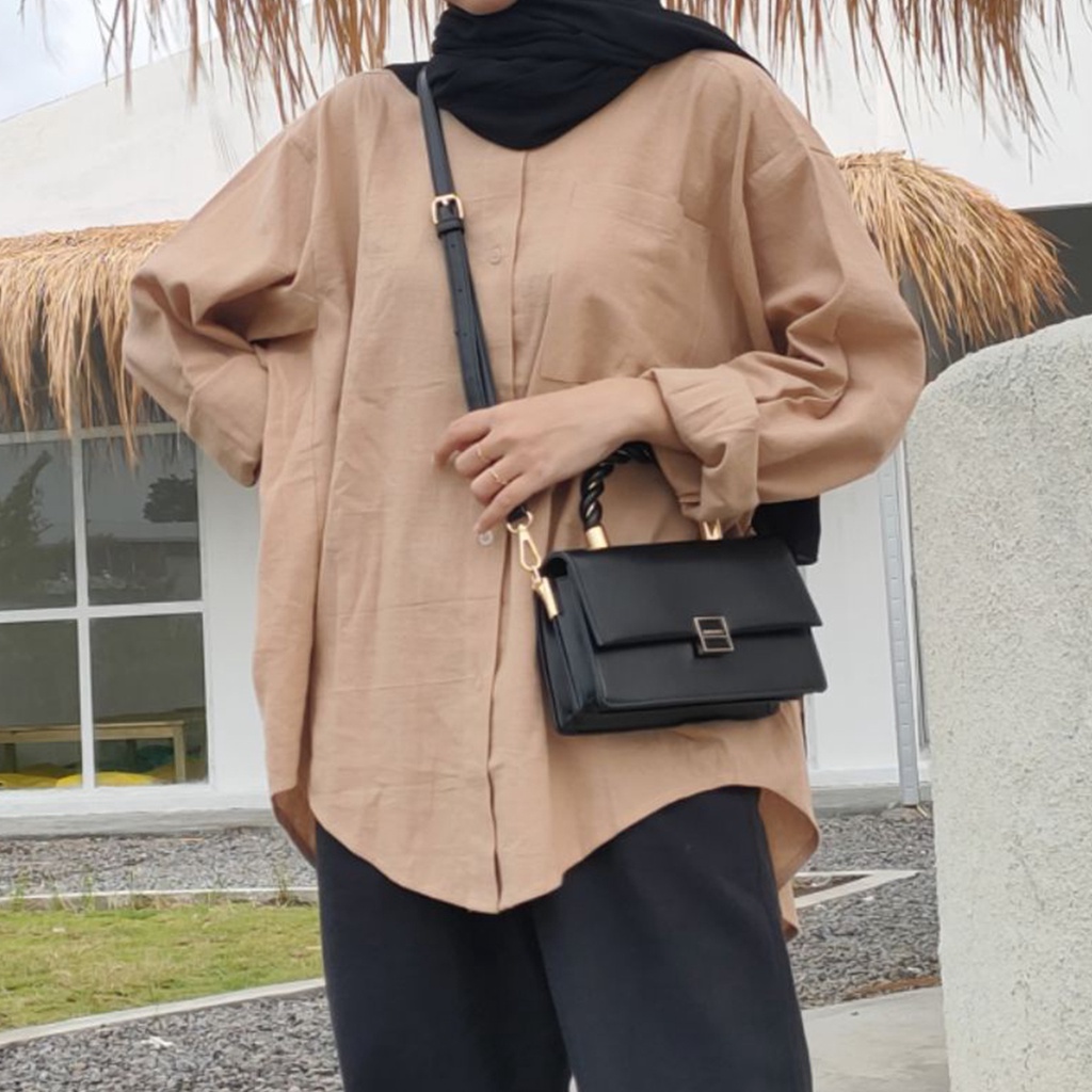 Kemeja linen Wanita Oversize Lengan Panjang Polos Kameja Shirt Basic Linen Oversized Murah Katun Atasan Bahan Korean Blouse Hitam Putih Kekinian Baju Korea Hijaber