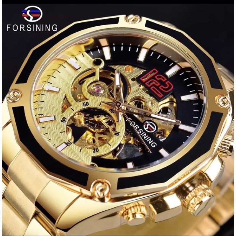 Jam Tangan Pria Original Forsining Automatic Mechanical Golden Luxury Sporty Gold