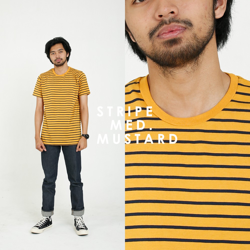 Kaos Stripe Pria Medium Mustard Navy Cotton Combed 30s - Kaos Garis Garis Unisex Pria Wanita