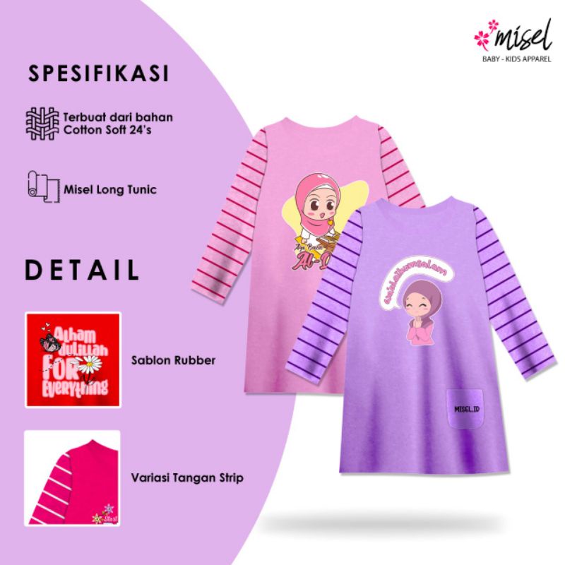 T'shirt Tunik Salur Anak Perempuan Tangan Panjang Motif Karakter Muslim usia 2-9 tahun