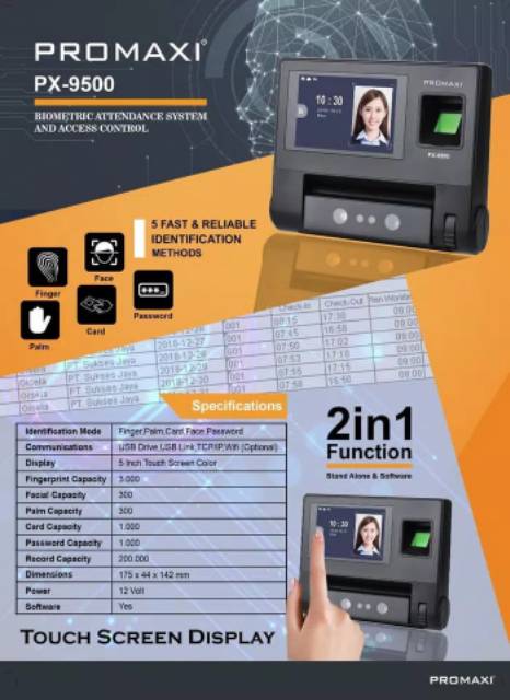 Absensi PROMAXI PX 9500 Biometric Original - Absen Wajah, Jari, Telapak Tangan PX9500