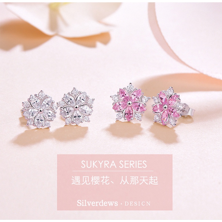 Anting Desain Bunga Sakura Bahan Stainless Warna Pink Aksen Berlian Untuk Aksesoris