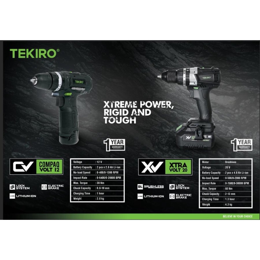 TEKIRO CORDLESS HAMMER DRILL 13 mm 20 V Bor Impact Tembok