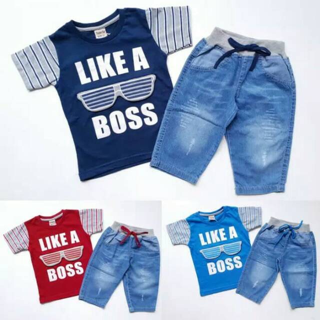 (2-4th) Baju Setelan Anak Cowok Laki Kaos Like A Boss Celana Jeans Pendek