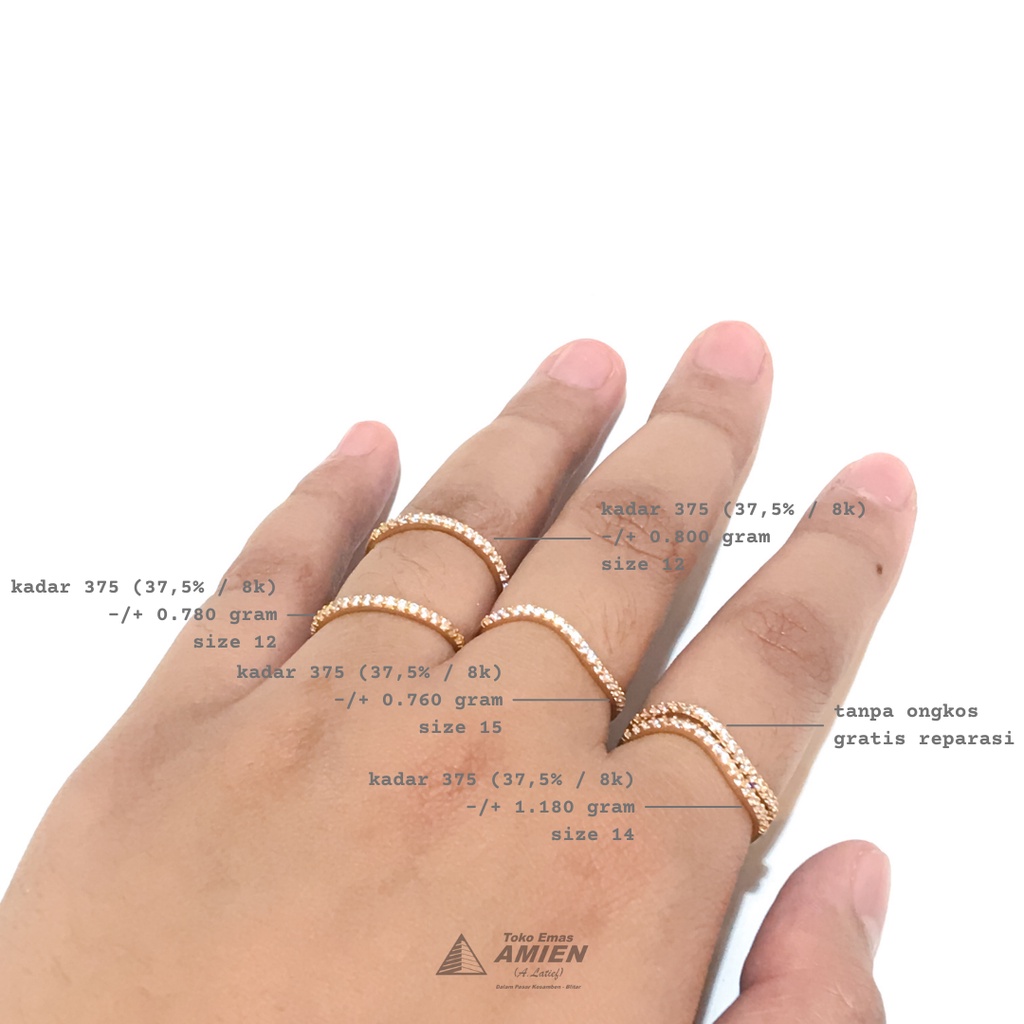 Toko Emas Amien Cincin Emas Asli Kadar 375 (37,5% / 8K) 1 Gram - Listring Permata Putih