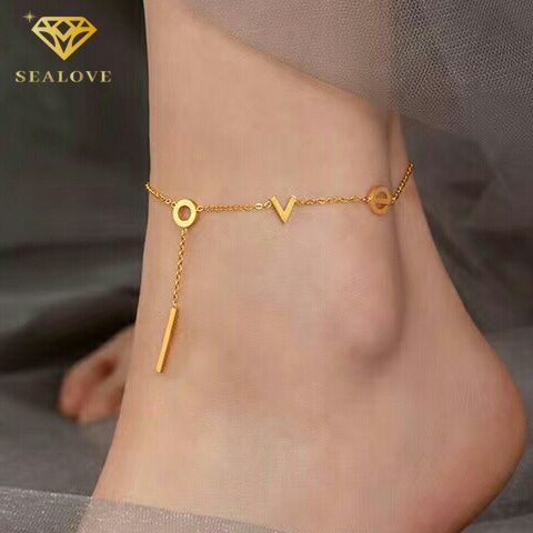 SEALOVE Gelang Kaki Titanium Wanita Anti Karat Huruf LOVE Emas 18k Perhiasan Korea