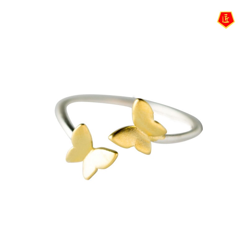 [Ready Stock]Korean-Style Simple Golden Double Butterfly Silver Ring