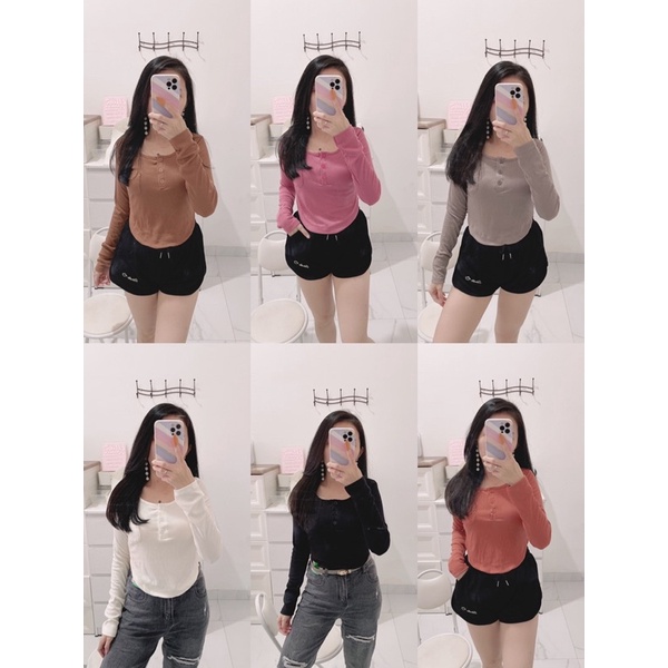 Croptop wanita lengan panjang oval | ellen croptop knit  | croptop pocket button lengan panjang oval bawah | atasan crop kancing lengan panjang | croptop korean fashion wanita | aquarius boutique89 grosir