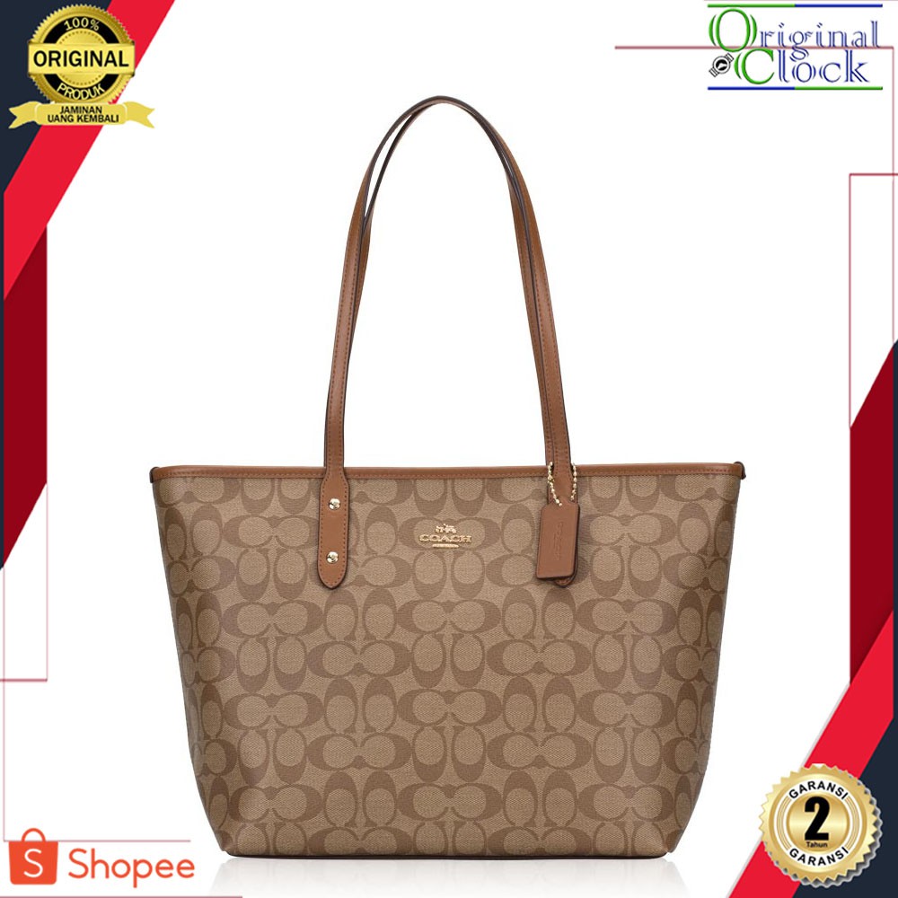 TAS WANITA COACH 58292 SIGNATURE CITY ZIP TOTE KHAKI SADDLE ORIGINALCLOCK STORE