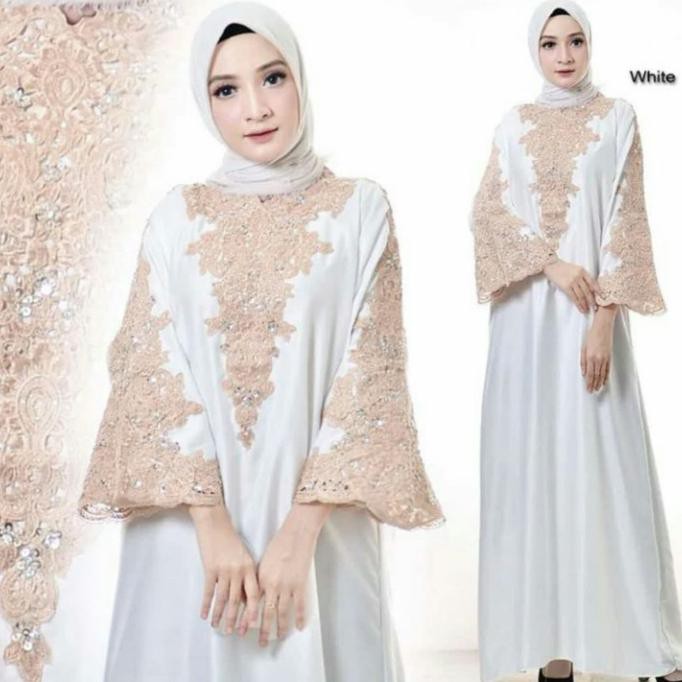 Gamis Kaftan Satin Syar'I Dress Lebaran Putih Bw Kaftan Full Bordir - Putih